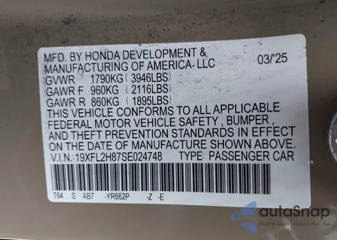 2025 Honda Civic Sport from USA, damaged, VIN 19XFL2H87SE024748